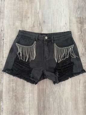 Vici Black Distressed Denim Shorts with Rhinestone Fringe